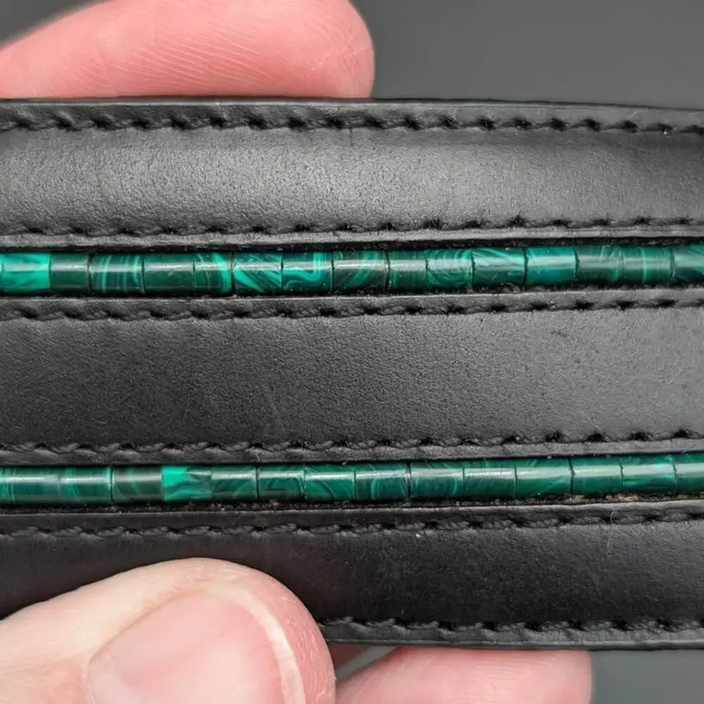 Tony Lama Belt Mens 44 Black Leather Tooled Buckle Green Beads Western Cowboy